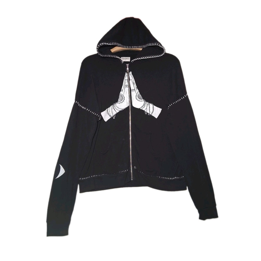 Lauren Moshi Koa Prayer Hands Hoodie Womens Black Full Zip Blanket Stitch M $220